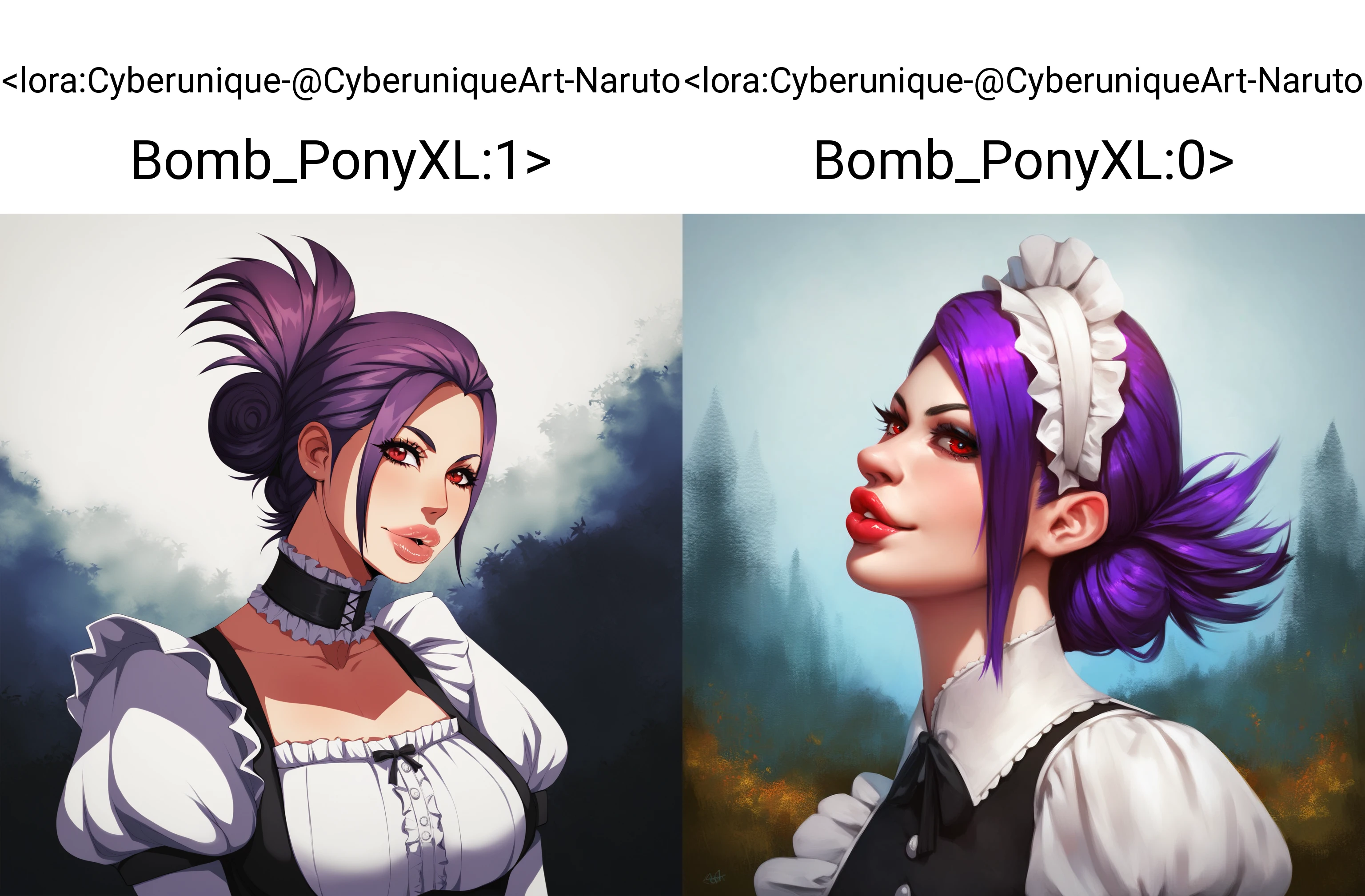 score_9, score_8_up, score_7_up, score_6_up, score_5_up, score_4_up, cyberunique \(artist\), @cyberuniqueart, naruto_bomb \(series\), background: medieval, source_anime, 1girl, solo,purple hair, red eyes, folded ponytail, barmaid outfit, large tits, big lips,<lora:Cyberunique-@CyberuniqueArt-Naruto Bomb_PonyXL:1>