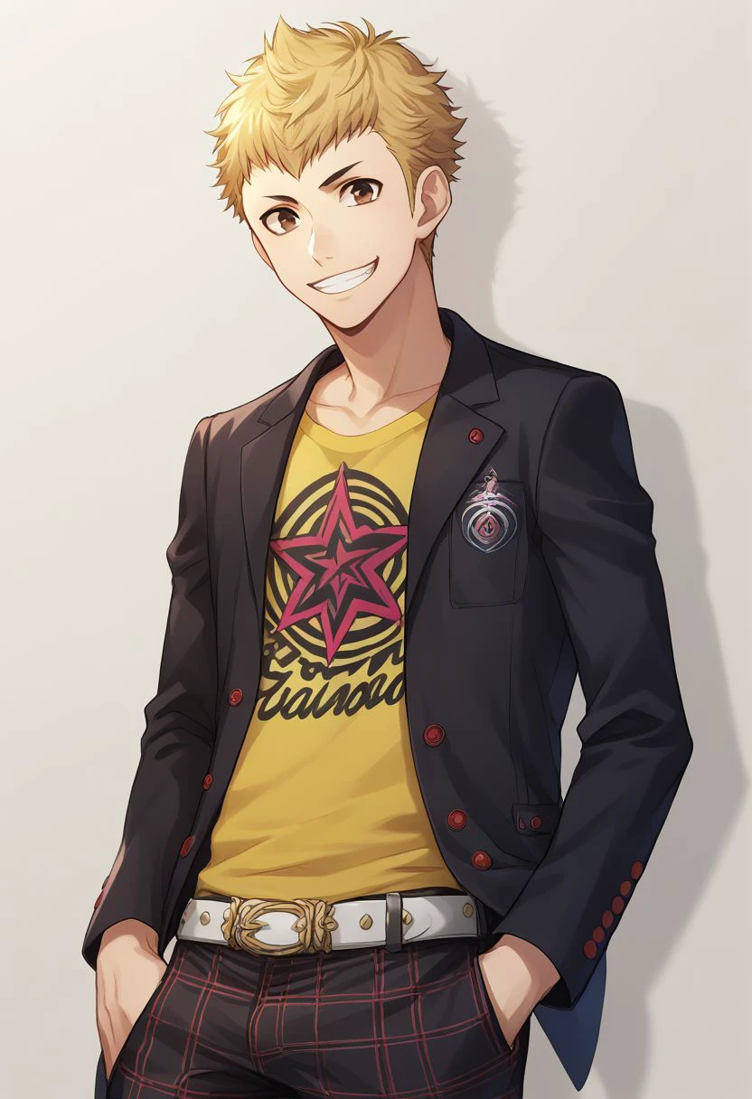 score_9, score_8_up, source_anime, highly detailed, 1boy, solo, male_focus
ryuji, 1boy, male focus, solo, blonde hair, pants,belt, brown eyes,
school uniform, jacket, upper body, plaid pants, hand in pocket, smile, grin,
indoor,