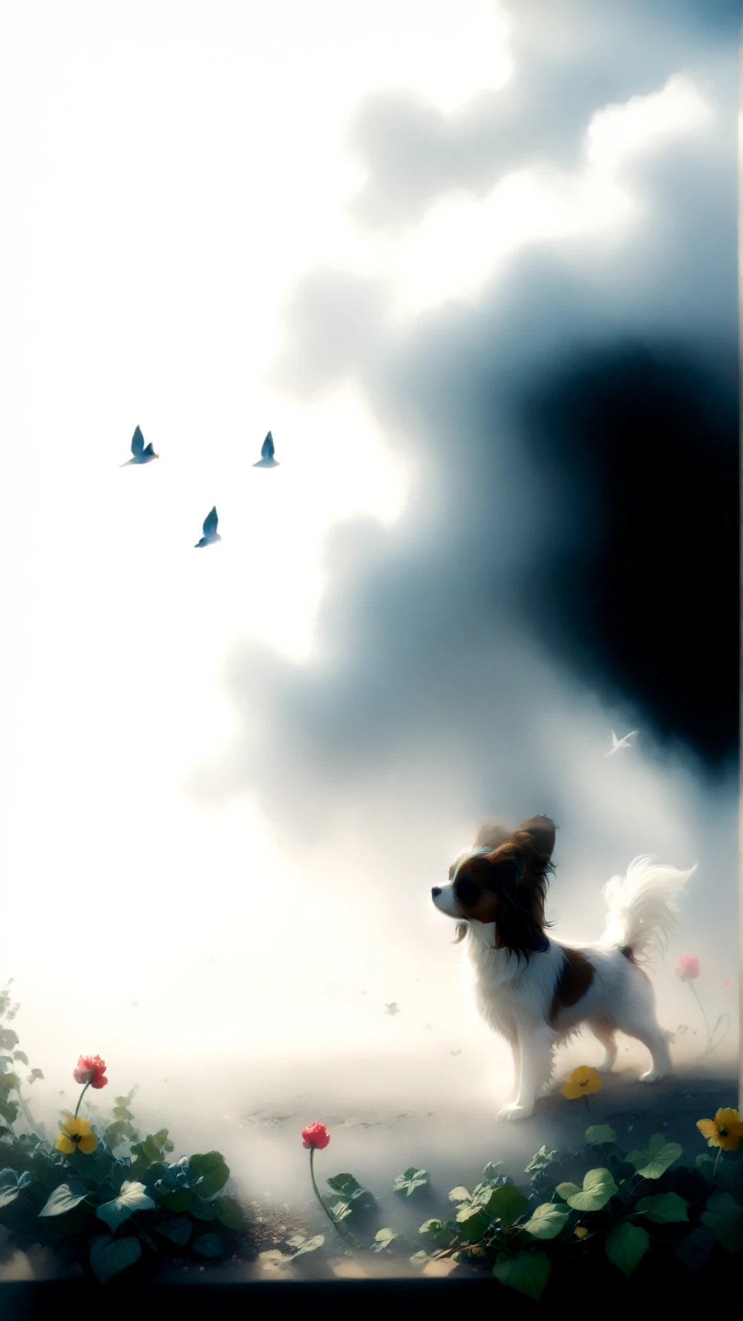 (3 dogs:1.2) playing in center, NOBLEDOGS_CTS    <lora:NOBLEDOGS_CTS-000018:0.53> NOBLEDOGS_CKCS    <lora:Noble_Dogs_XL_CKCS_E27:0.33>, (Phalene and Papillon dogs with long hairs blown by wind:1.3), (smiling and waving its tail:0.7), dark eyes of cute puppies, fit beautiful toy spaniel dogs
BREAK dogs are playing inside (cozy royal garden:1.1), big size difference in surreal dreamy picture, (unusual surreal perspective:1.2), (low contrast soft pastel drawing:1.1), (cloudy:-0.3) (sky with soft  dimmed light at early morning:0.8), full body detailed photorealistic drawing drawn by hand, (leafs and birds:0.8), (realistic highly detailed turbulent fog:0.8)
BREAK soft focus,  (shallow depth of field, Helios_44_2 swirly bokeh:0.6), (light leaks, gloom:0.4), (analog film simulation:0.8),  <lora:[XL]bokeh:0.17>  <lora:epiCRealismHelper:0.33>   <lora:Malapris_CinematicRedmond_LORA-128-001a:0.33> vintage  <lora:vintage-XL:0.33>