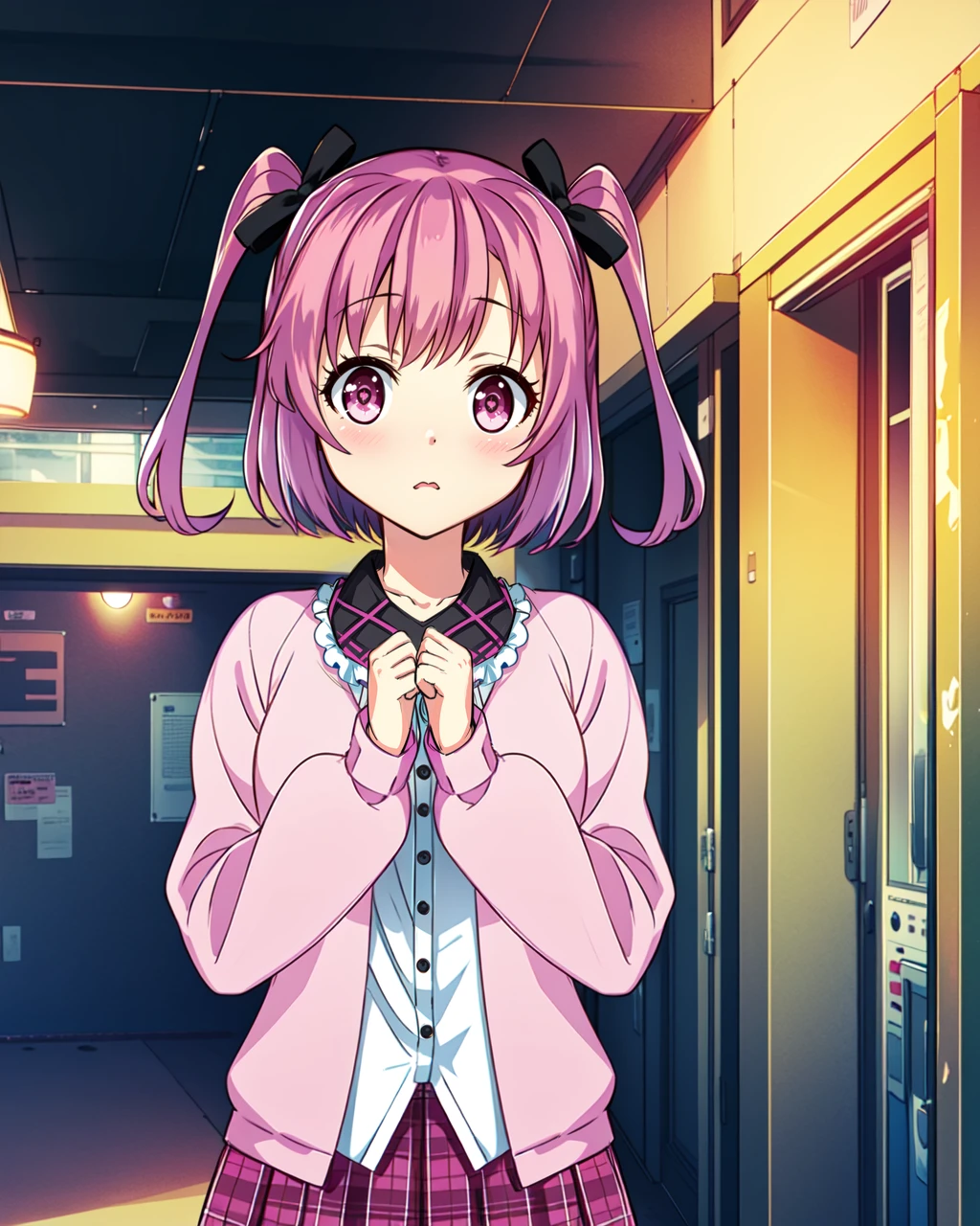 masterpiece, high quality, 1girl, mgrcmakinoikumi, medium shot, upper body, dynamic pose, pink eyes, pink hair, short twintails, black hairpins, white shirt with pink collar, pink sweater, pink striped skirt, surprised, outdoors, corridor, evening, <lora:mgrcmakinoikumi-05:0.75>