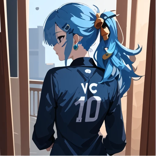 long sleeves, black shirt, sunglasses, blue hair, vector, hair ornament, bangs, sportswear, from behind, hair over one eye, earrings, jewelry