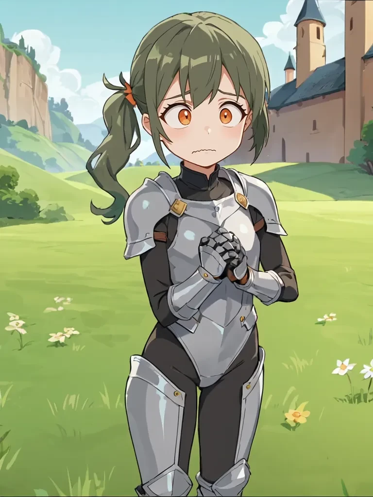 score_9, score_8_up, score_7_up, source_anime, 2D, anime_screencap, <lora:lostruinsheroinepony:1>,
1girl, solo, heroineloru, green hair, side ponytail, orange eyes, bodysuit, armor, knight, outdoors, grass, castle in background, wavy mouth, confused