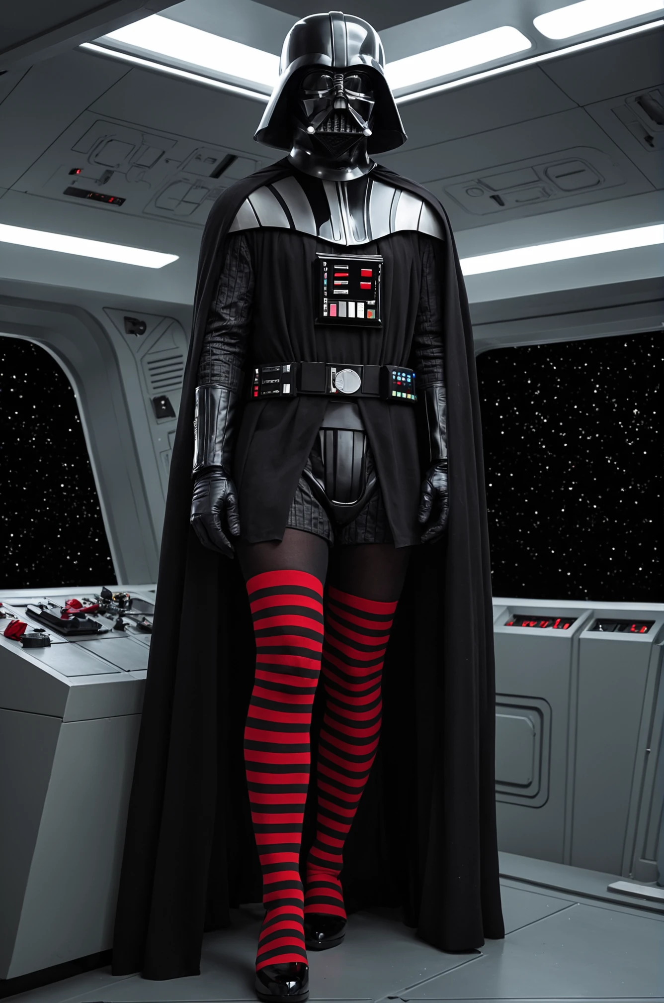darth vader, thighhighs, black thighhighs, red striped thighhighs, onboard imperial star destroyer
