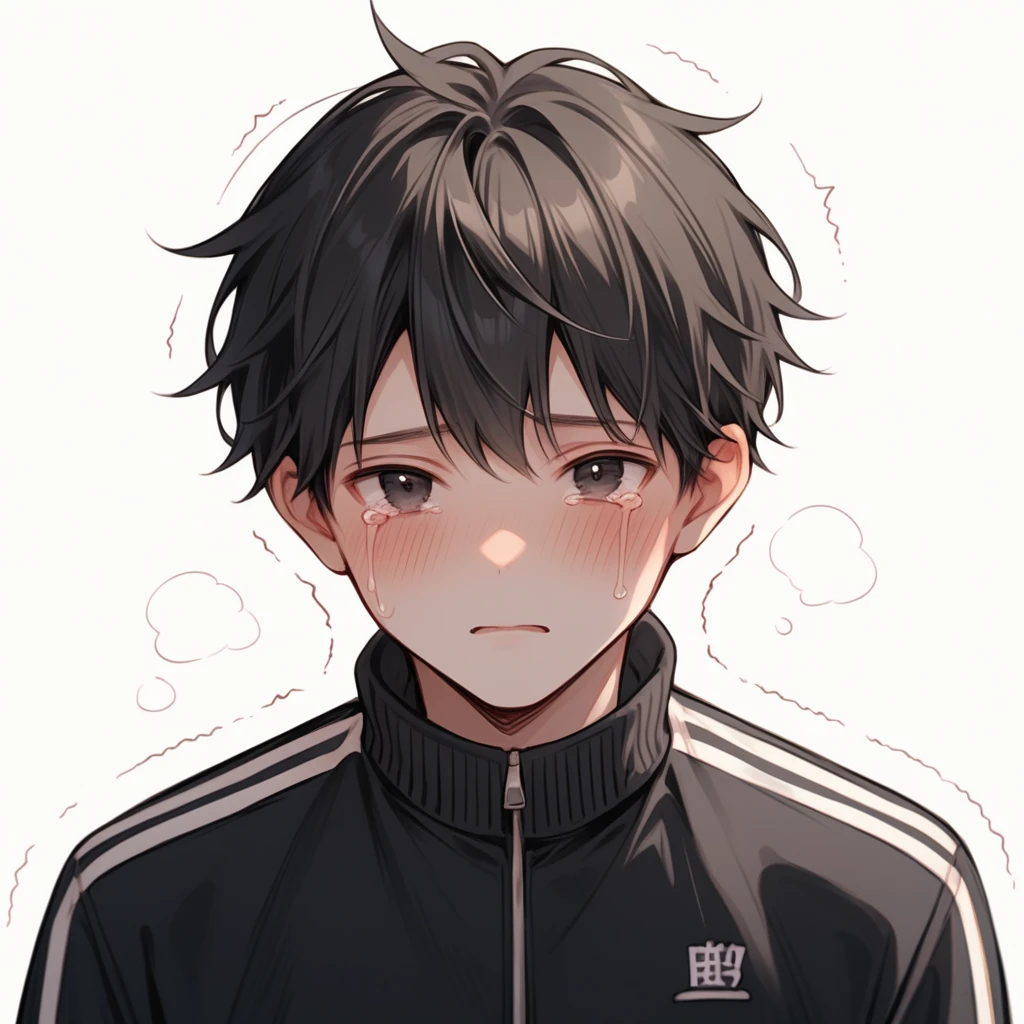 score_9,score_8_up,score_7_up,detailed face,<lora:hanman-000004:1>,1boy,black hair,bangs,track jacket,black jacket,black eyes,blush,crying with eyes open,white skin,looking at viewer,trembling,simple background,best quality,<lora:add-detail-xl:1>,