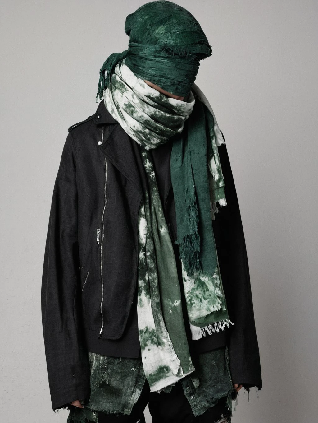 man,archive,high fashion,pale skin,torn clothes,scuffs clothes, abrasions clothes ,rubs clothes,dark,90x,bad quality,no face,bandage,scarf hide his face,melted clothes,flowing clothes,green stains on clothes <lora:High_Fashion:1>