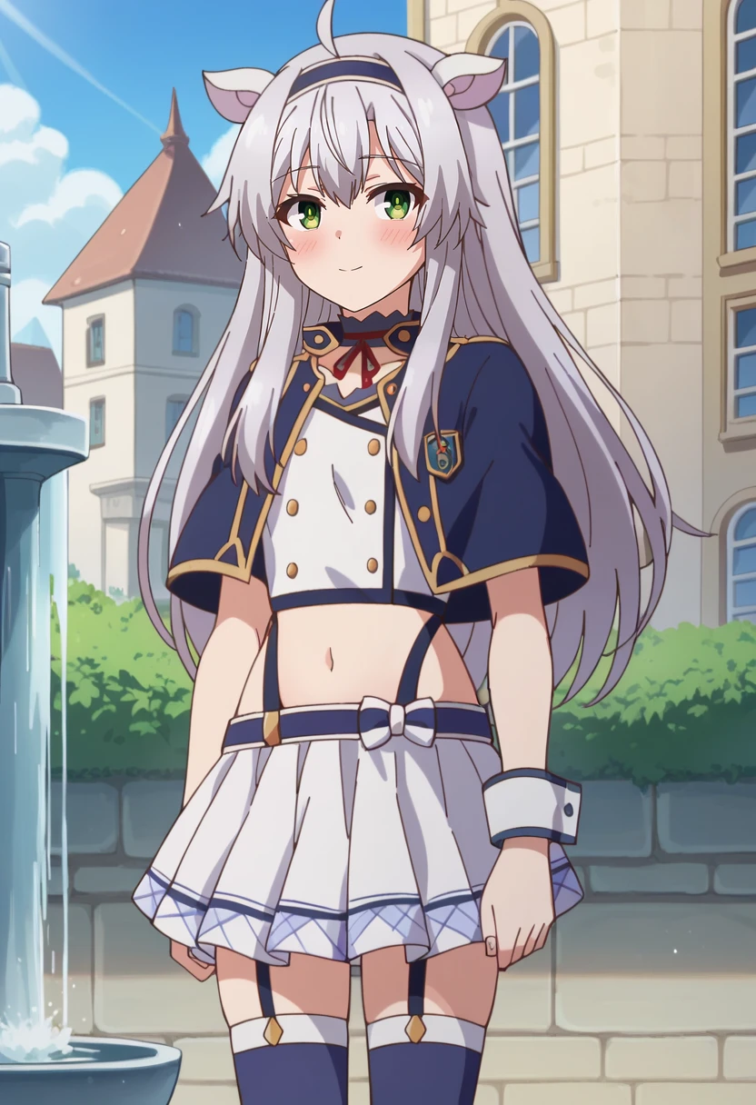 score_9, score_8_up, score_7_up, source_anime, 
<lora:Rokuaka_SistineFibelXL:0.8>, SistineFibel,
1girl, solo, closed mouth, blush, light smile,
grey hair, green eyes, long hair, ahoge, animal ears, hairband,
SistineSchool, asymmetrical clothes, blue capelet, choker, red ribbon, white shirt, crop top, garter straps, white skirt, blue thighhighs, buttons, short sleeves, navel, single wrist cuff, single glove,
standing, looking at the viewer,
outdoors, medieval, fantasy, city, fountain, blue sky, sunlight