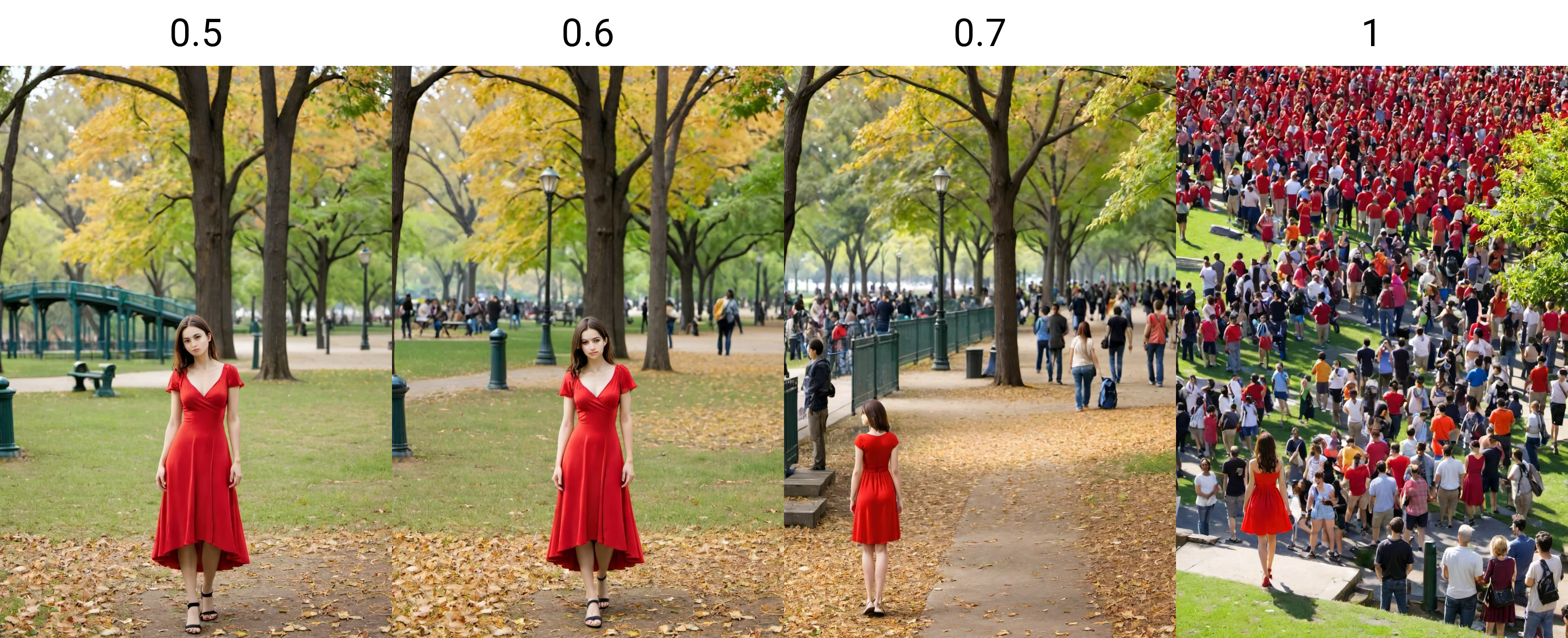 <lora:Solo - Crowd Slider_alpha1.0_rank4_noxattn_last:0.5>, woman, standing, red dress, park,