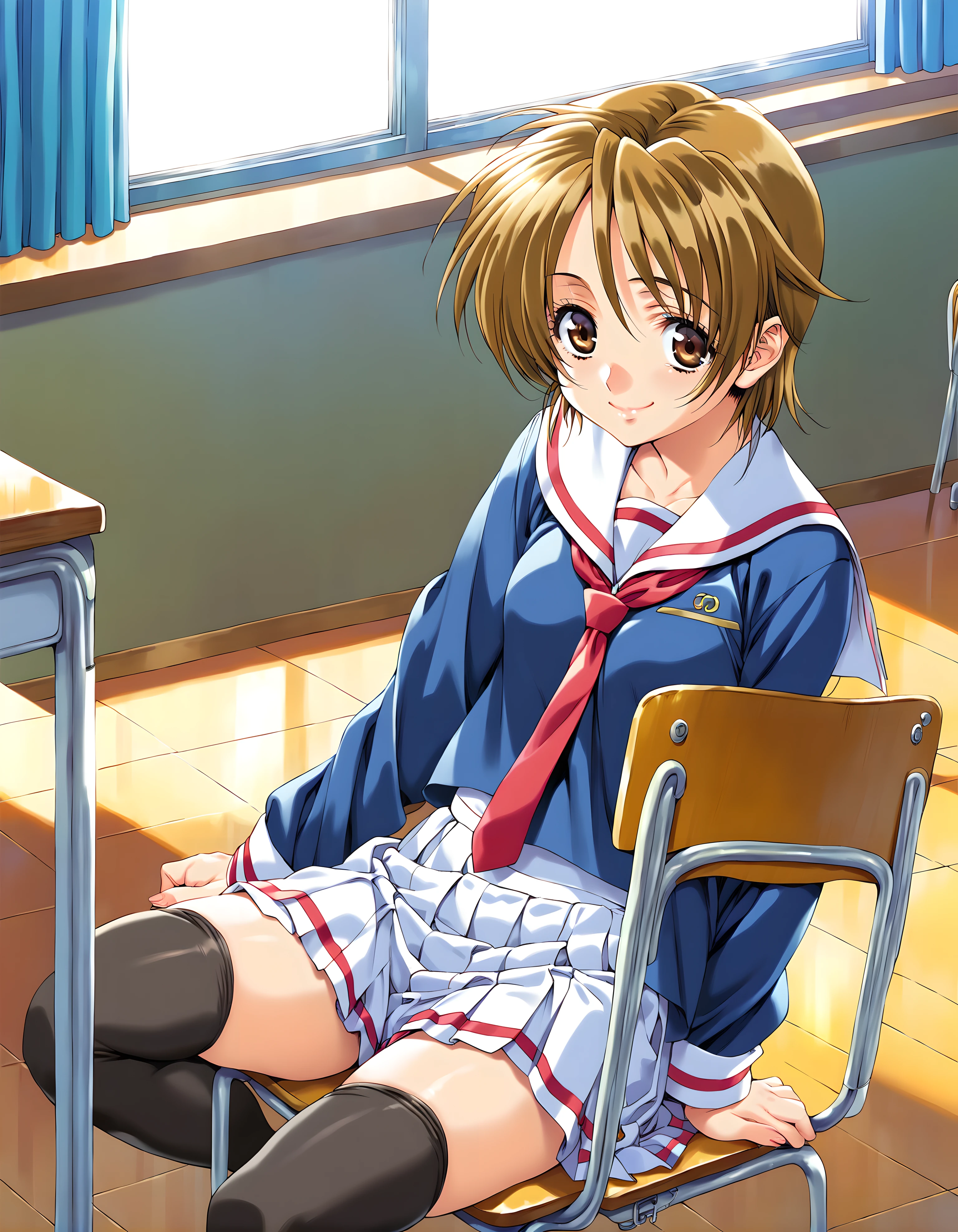 <lora:pony_xl_chihaya:0.8>,chihaya,score_9,score_8_up,score_7_up,source_anime,1girl,blue school uniform,serafuku,long sleeves,necktie,white skirt,pleated skirt,black thighhighs,classroom,sitting_on_chair,smile,