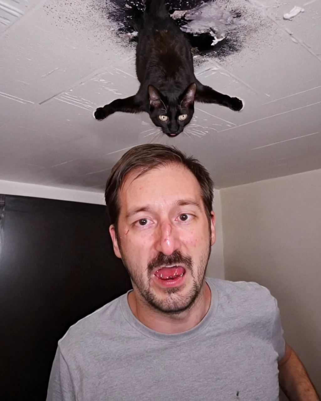 running from ceiling cat, <lora:XL_rekieta_v6:1>, rekieta, facial hair, tired, thin, gaunt, wrinkles, rekieta with nose bleed, white powder on nose, black ceiling cat watching rekieta,