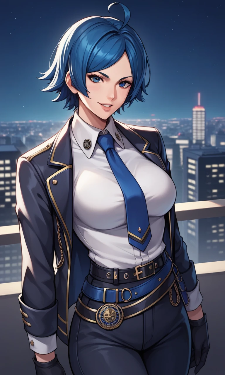 score_9, score_8_up, score_7_up, score_6_up, source_anime, BREAK masterpiece, 1girl,  ElizabethXV, blue eyes, blue hair, ahoge, night, cityscape, shirt tucked in, breasts, white shirt, black suit, blue tie, smile, looking at viewer, parted lips, black pants, belt, looking at viewer, black gloves,  black jacket, 