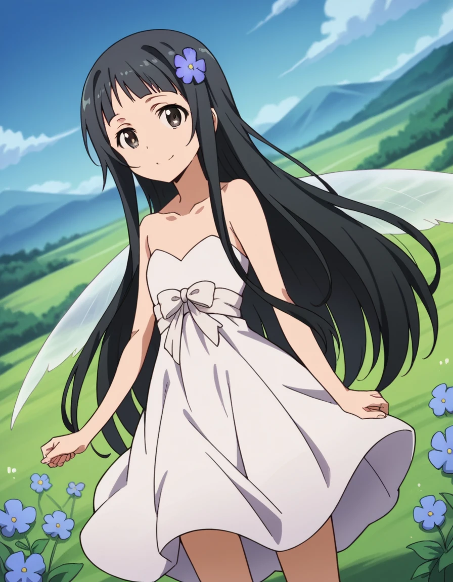 score_9, score_8_up, score_7_up, source_anime,
saoyui, <lora:sao-yui-s1-alo-ponyxl-lora-nochekaiser:0.8>,
yui, long hair, bangs, black hair, hair ornament, very long hair, flower, hair flower, black eyes,
dress, bare shoulders, collarbone, wings, fairy wings, fairy,
outdoors, landscape, smile,
cowboy shot, looking at viewer, solo, dutch angle,