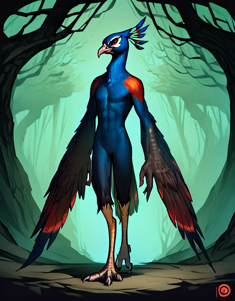 score_9, score_8_up, score_7_up, score_6_up, score_5_up, score_4_up,
peacock, solo, standing, red eyes, full body, no humans, talons,beak
,fantasy forest backround
, <lora:peacock_pony:0.8>