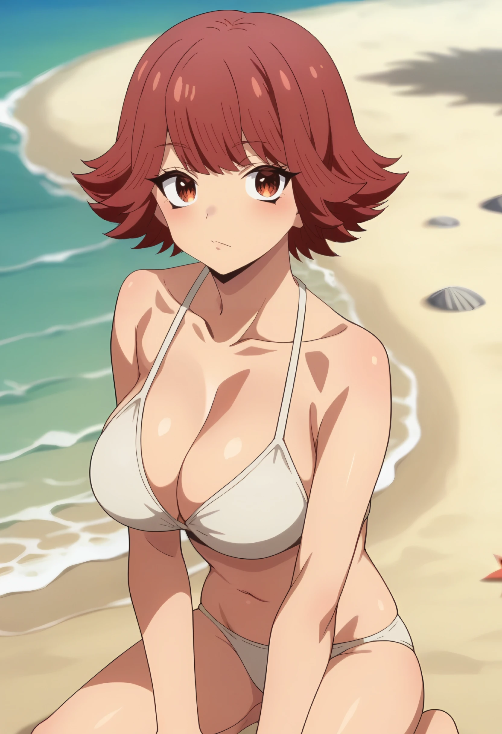 <lora:Byleri:1>  byleri, short hair, red hair, 1girl, brown eyes, brown hair, solo, large breasts,     looking at viewer, white bikini, beach, score_9, score_8_up, score_7_up, , anime coloring ,BREAK source_anime, anime