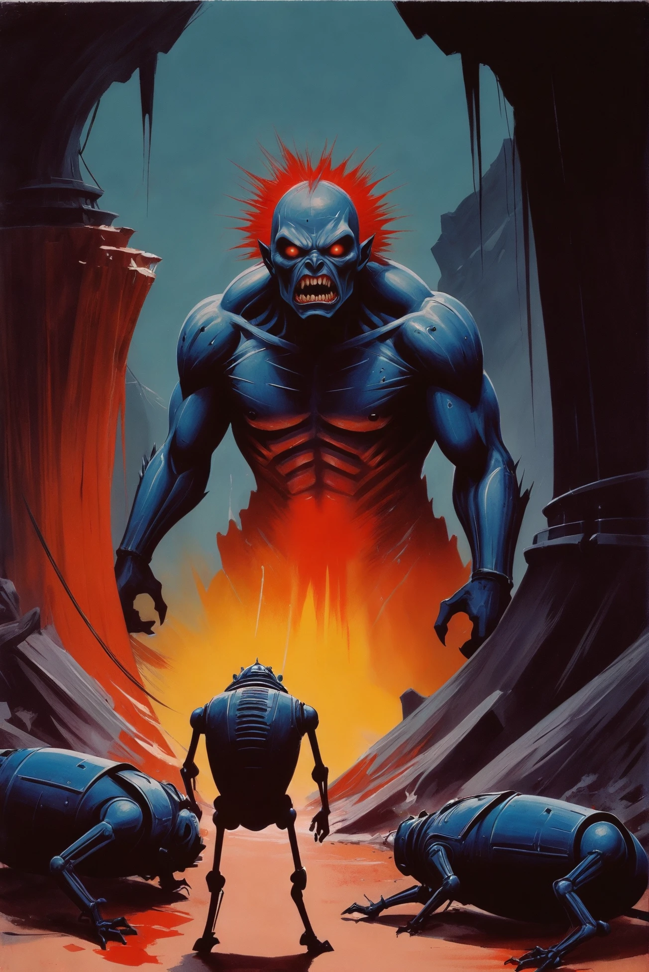 retro 1980s horror painting, rough brush strokes, comic book style, Monstrous Caverns<lora:EnvyStarlightRetro04:1.25>