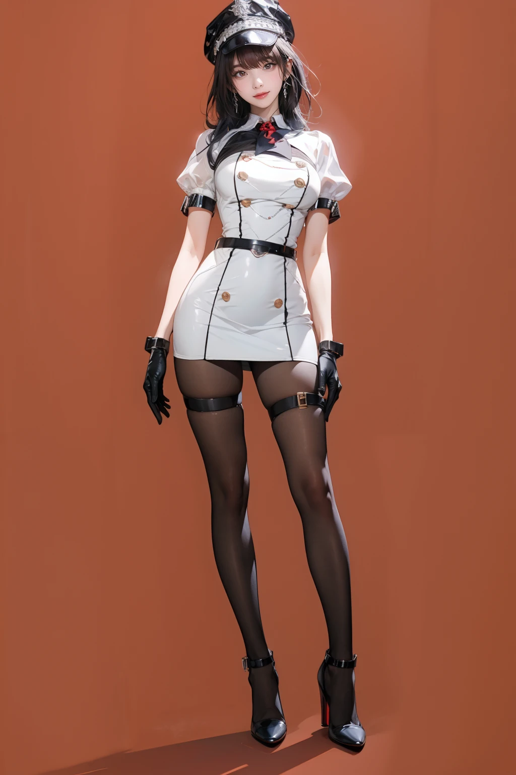best quality,masterpiece,highres,extremely detailed cg unity 8k wallpaper,red background,1girl,solo,facing viewer,standing,full body,large breasts,<lora:GoodHands-beta2:1>,<lora:lemon0001-Raiden Shogun Police Officer_v2:0.9>,lemon0001,arm strap,puffy short sleeves,belt,half gloves,buttons,jewelry,thigh strap,white skirt,black pantyhose,high heels,