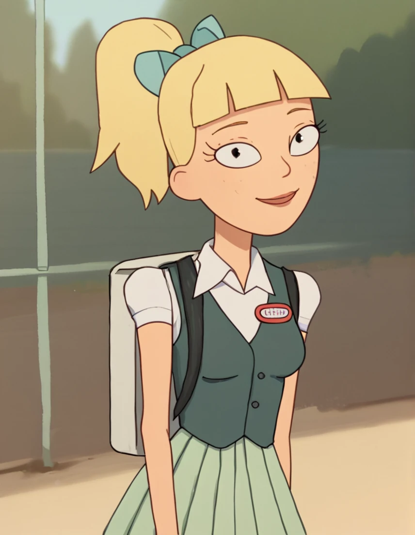 annie, 1girl, blonde hair, solo, name tag, green skirt, freckles, hair bow, ponytail, vest,light smile, white shirt <lora:AnniePony1.1:1.0> ,outdoors,  looking at viewer, score_9, score_8_up, score_7_up, score_6_up, score_5_up, score_4_up