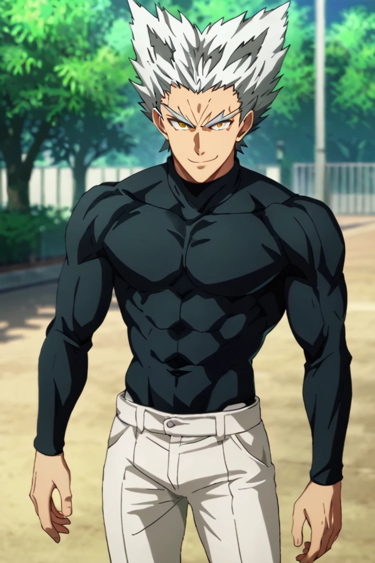 score_9,score_8_up,score_7_up,source_anime,1boy, male, solo, looking at viewer, Garou,silver hair, yellow eyes,spiked hair, muscler, evil smile, outdoors, black body_suit, white pants,