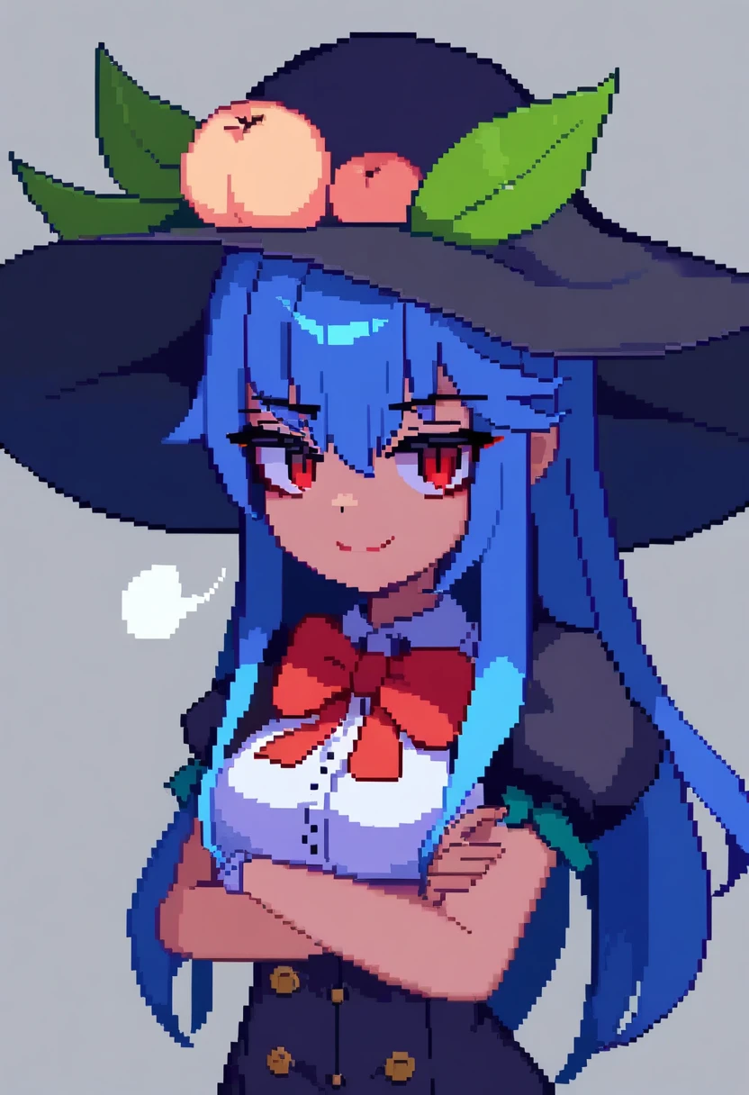 masterpiece,best quality,very aesthetic,absurdres,<lora:pixel_art_v5:1>,1girl, animated, black_headwear, blue_hair, bow, bowtie, buttons, collared_shirt, commentary_request, crossed_arms, food, fruit, grey_background, hinanawi_tenshi, leaf, looking_at_viewer, looping_animation, peach, pixel_art, puffy_short_sleeves, puffy_sleeves, red_bow, red_bowtie, red_eyes, shirt, short_sleeves, sigh, simple_background, solo, upper_body, video