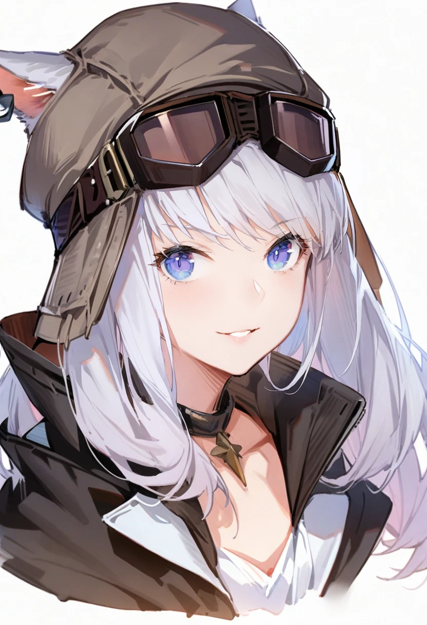 masterpiece, best quality, <lora:solaXLANI31_lokr_V4304:0.95> 1girl, solo, animal ears, miqo'te, goggles, long hair, white background, goggles on head, warrior of light \(ff14\), simple background, white hair, portrait, blue eyes, parted lips, goggles on headwear, cat ears, purple eyes, smile, looking at viewer, earrings, jewelry, ears through headwear, floating hair, hat