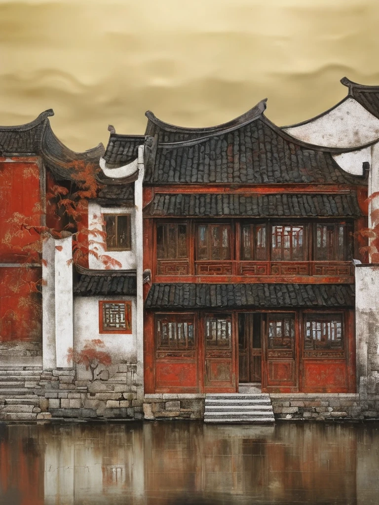 Lacquer painting landscapes,lacquer painting,Jiangnan water town, awning boat, sense of history, heavy, texture, lacquer. Arts and Crafts, Extreme Detail, Texture, Best Quality, Masterpieces, Award-Winning Works, Official Art.