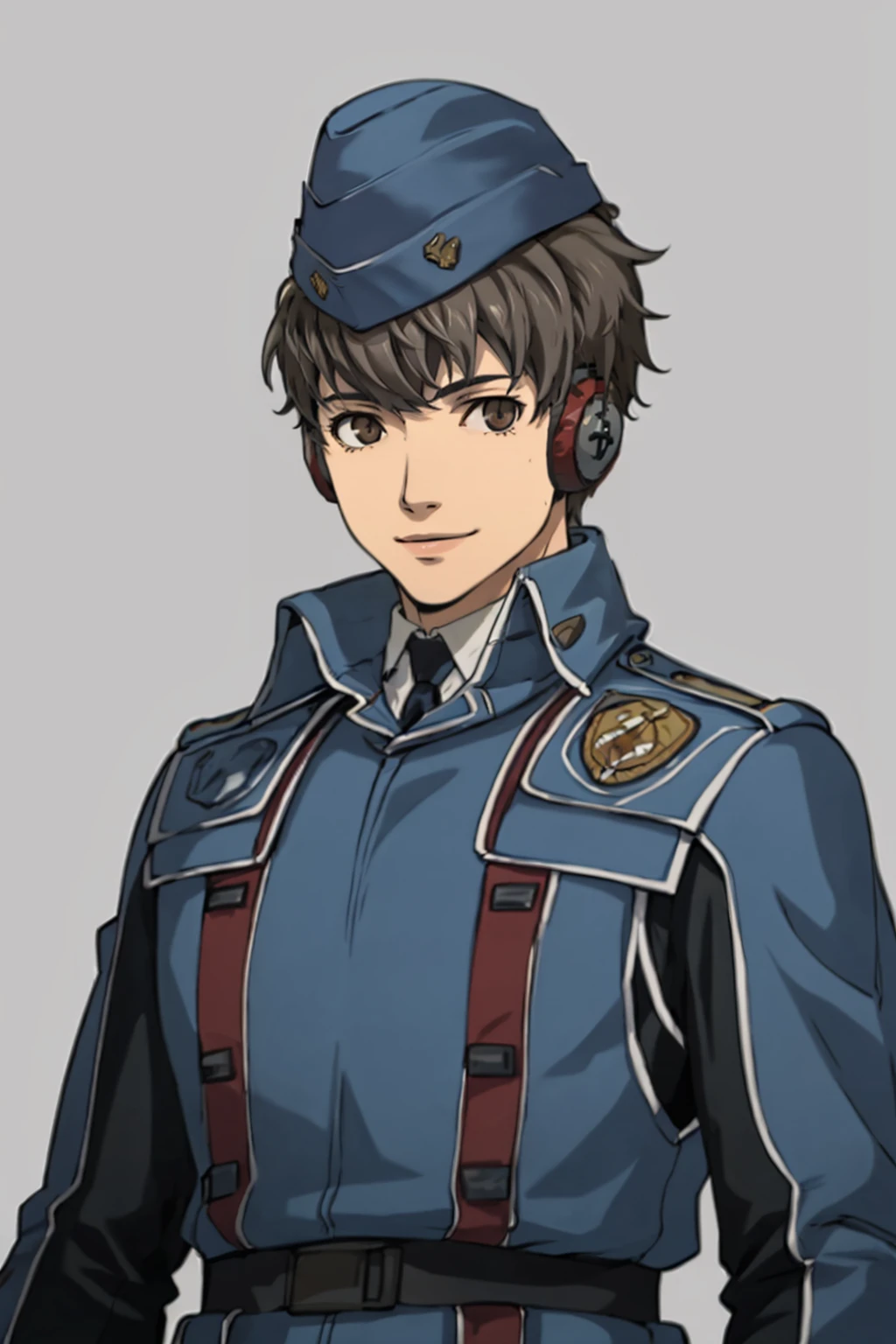 (masterpiece, best quality:1.2), 1boy, looking at viewer, smile, closed mouth, <lora:WelkinVC:0.9> welkinVC, short hair, garrison cap, military uniform, headphones, blue jacket, long sleeves, belt <lora:P5-Protraits_Fp:0.8> simple background, portrait