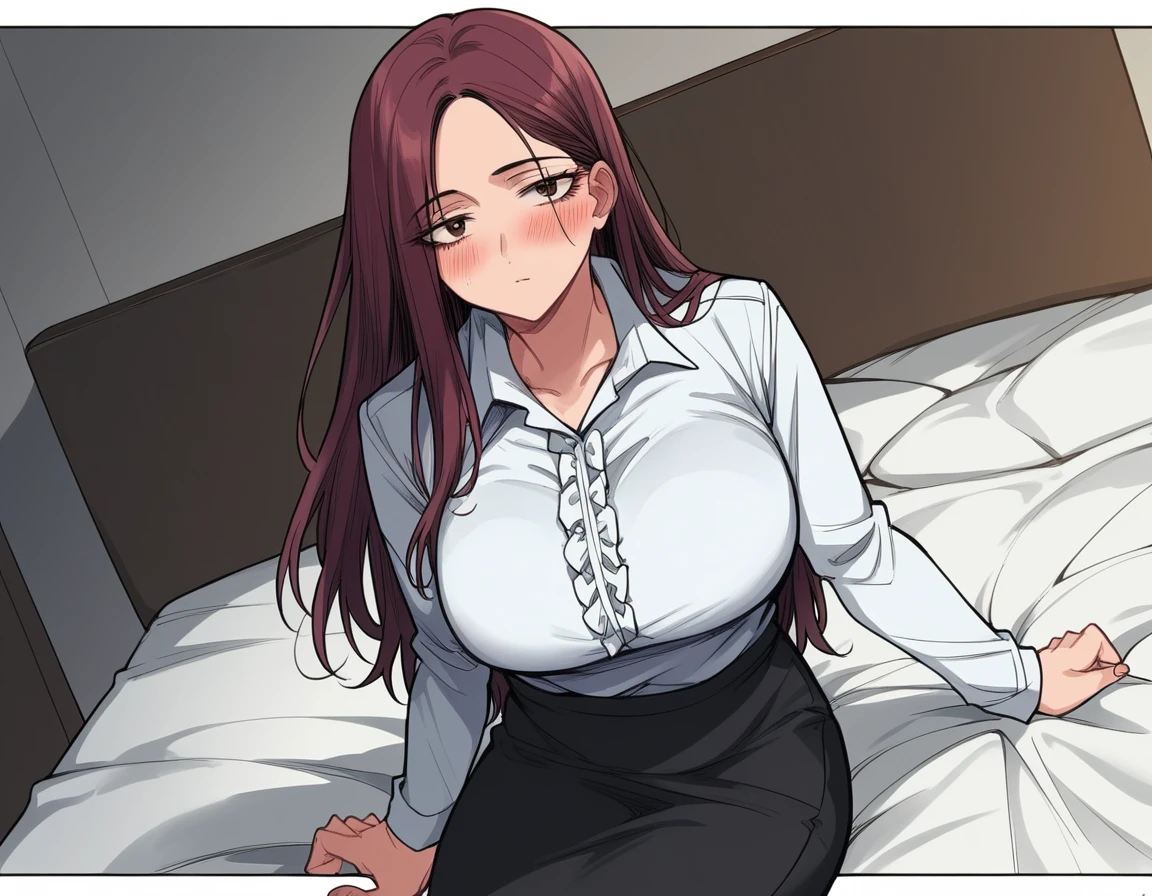 score_9, score_8_up, score_7_up, source_anime,
kangmijung, <lora:kang-mijung-manhwa:1>,
kang mijung, long hair, brown hair, brown eyes, large breasts,
skirt, shirt, white shirt, frills, collared shirt, black skirt, office lady, long sleeves,
indoors, bed, bed room, on side, blush, drunk,
cowboy shot, looking at viewer, solo, dutch angle,