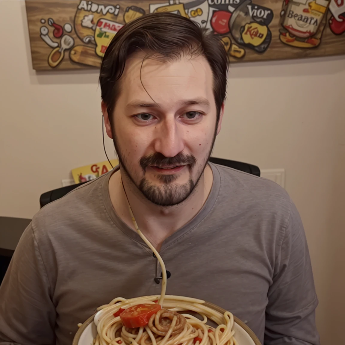 <lora:rekieta_v6:1>, rekieta, facial hair, eating spaghetti