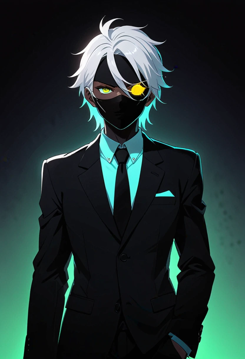 a white hair guy with eye patch and mask wearing suit with a neon glowing hairs in the anime style of neon silhouette contrast, dark, black and color, animestyle,illustration, shadow