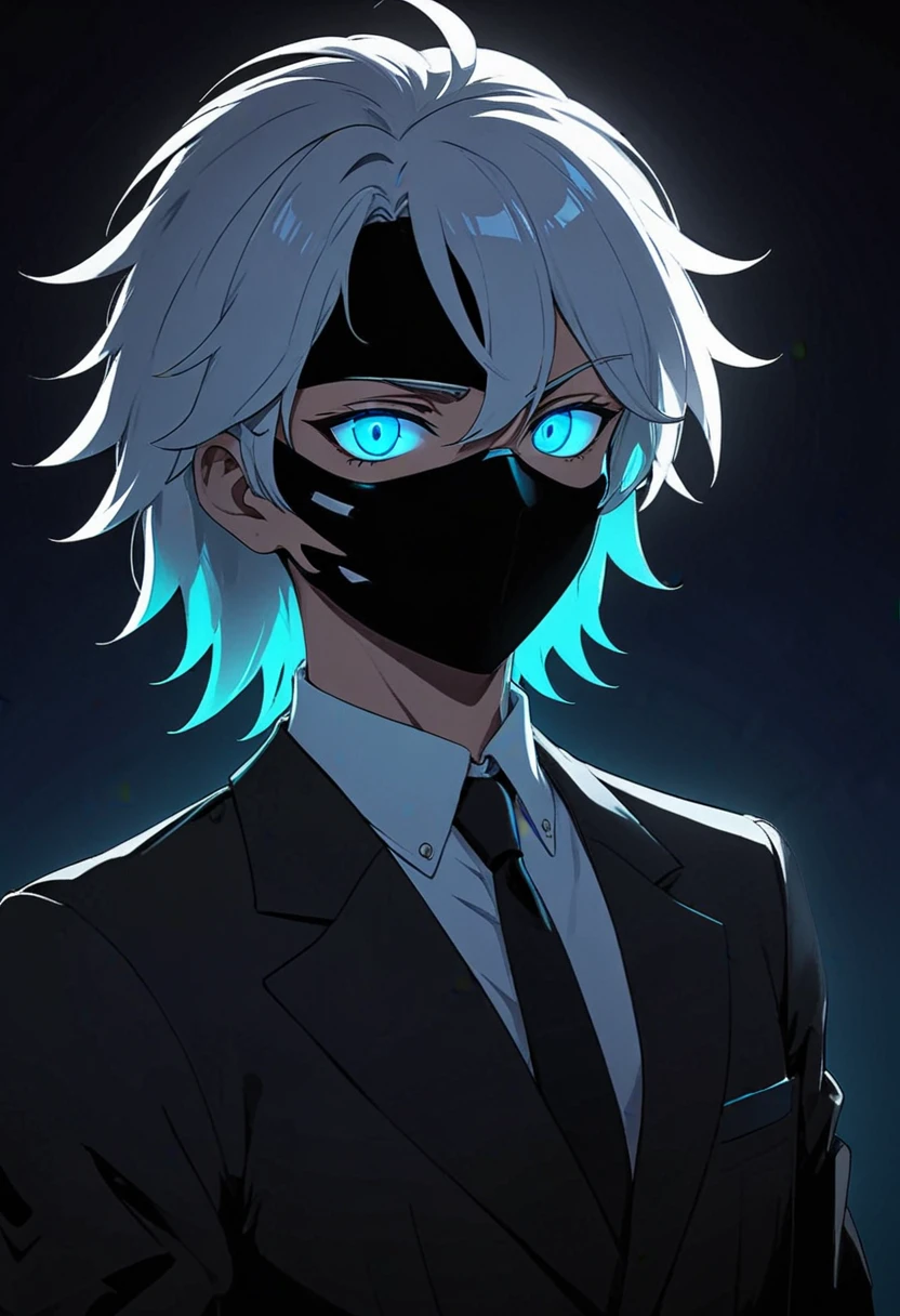 a white hair guy with face mask and black eye patch, blue eye, wearing suit with a neon glowing hairs in the anime style of neon silhouette contrast, dark, black and color, animestyle,illustration, shadow