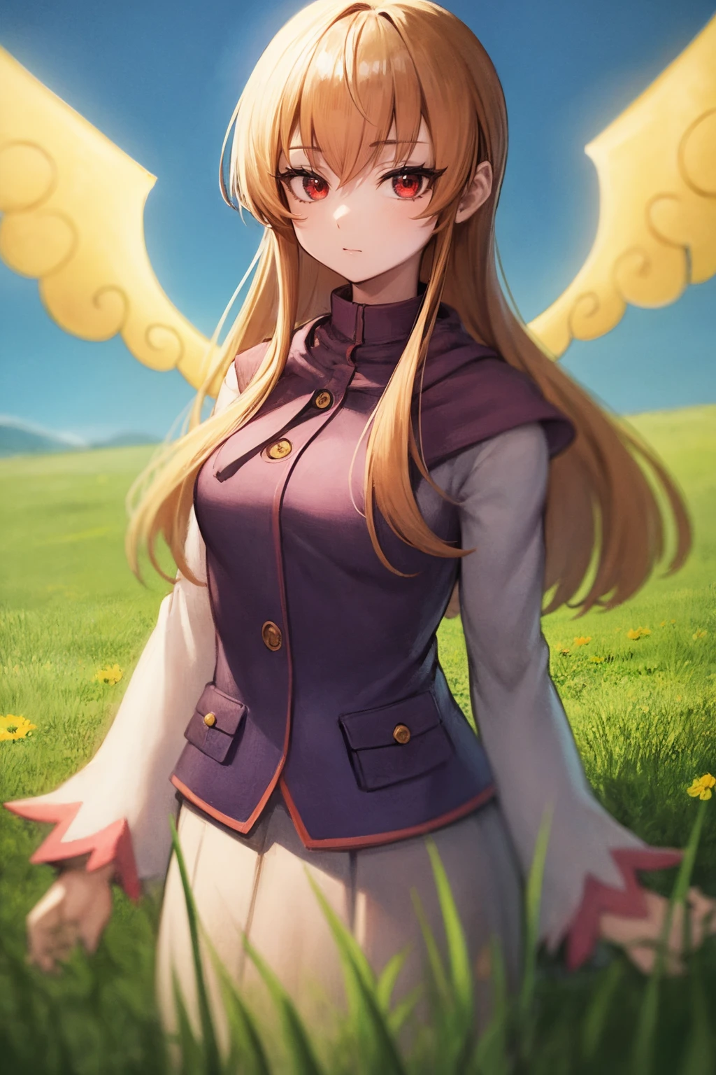 masterpiece, best quality,
1girl, swbrk, blonde hair, long hair, red eyes, wings, long sleeves,
upper body, solo, looking at viewer, grass, blue sky, meadow background     <lora:SweetBreaker:1>