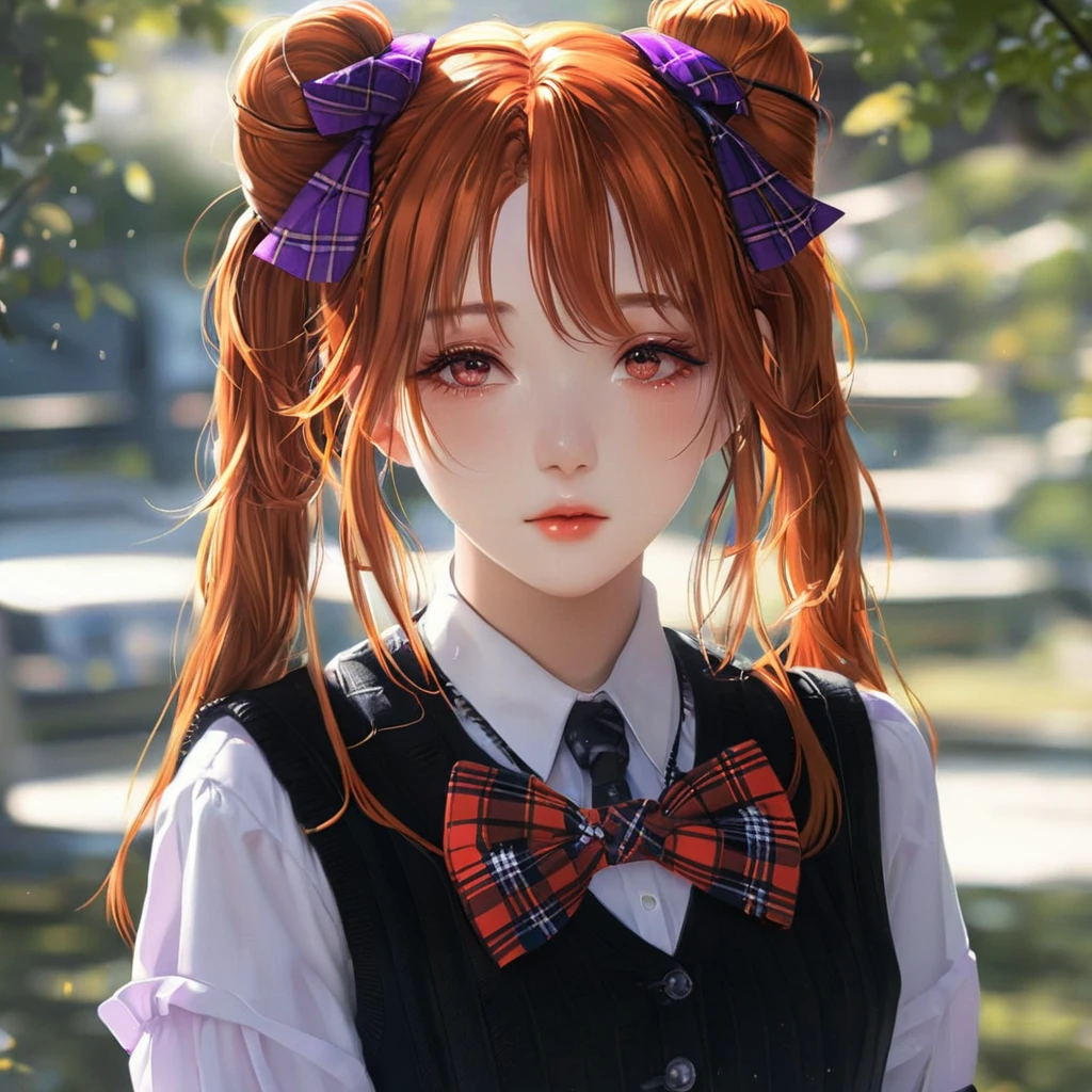 ((masterpiece)),(best quality),official art,extremely delicate and beautiful,extremely detailed CG,unity 8k wallpaper,ultra detailed,beautiful detailed eyes,extremely detailed face,outdoors,1girl,solo,upper body,(portrait:1.5),looking at viewer,facing viewer,smile,Tayama Saki,ahoge,very long hair,orange hair,shiny hair,twintails,floating hair,hair bow,white bow,white ribbon,two side up,hair ribbon,sidelocks,hair between eyes,bangs,purple eyes,collarbone,school uniform,sweater vest,cardigan vest,black vest,red bowtie,white shirt,collared shirt,dress shirt,large breasts,long sleeves,red skirt,plaid skirt,pleated skirt,black socks,loafers, <lora:style_lora_adafactor:0.8>
