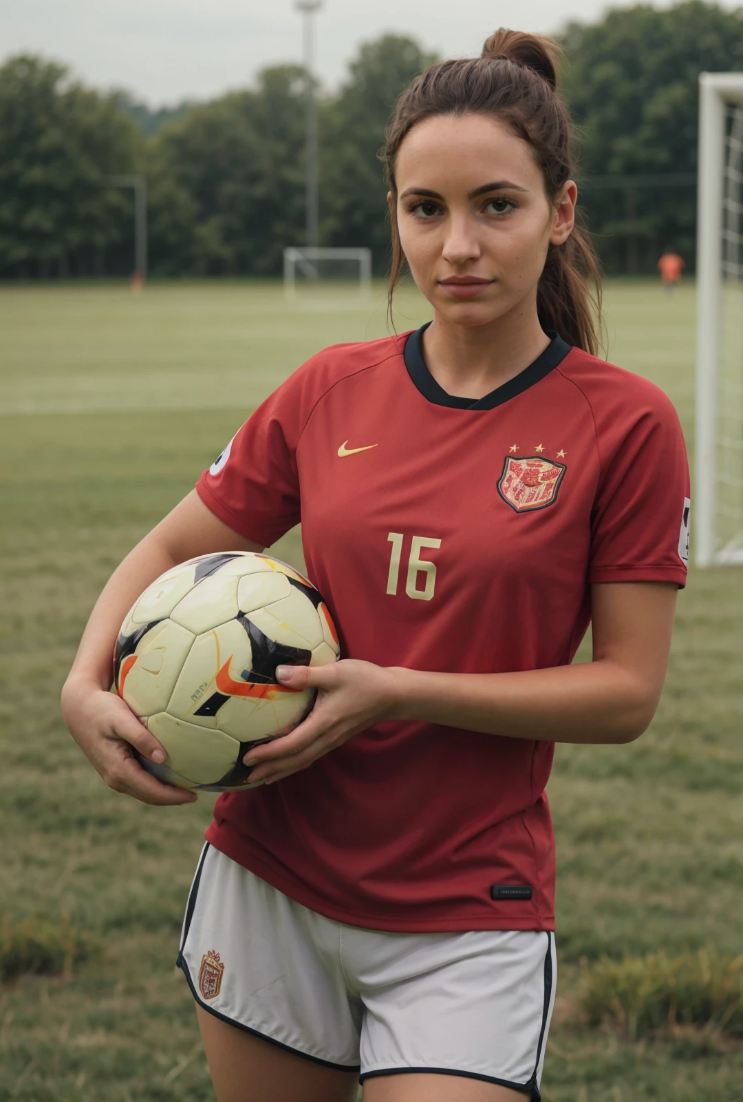 <lora:add_detail:0.25>, (retro:0.6), best quality, realistic, <lora:Baquero:0.8>, 1woman wearing soccer jersey, grass, on soccer field, upper body, standing, detailed hands, holding a soccer