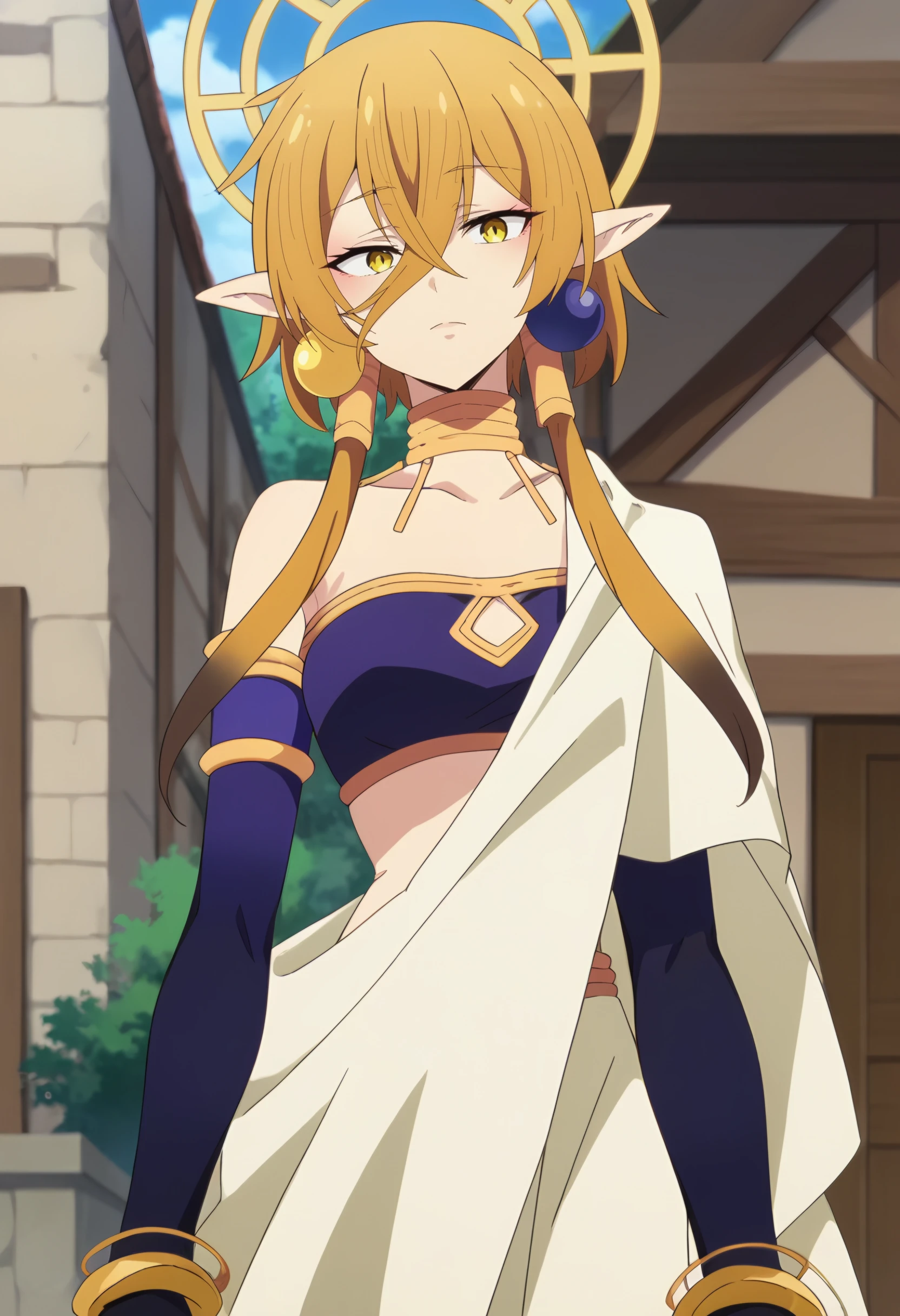 <lora:Hiya2:0.9> hiya, pointy ears, 1girl, earrings, jewelry, blonde hair, solo, hair between eyes, short hair, halo, yellow eyes, elf, hair tubes, choker, elbow gloves, cape, detached sleeves, , strapless, white cape, cosplay, black gloves, looking at viewer, score_9, score_8_up, score_7_up, , anime coloring ,BREAK source_anime, anime