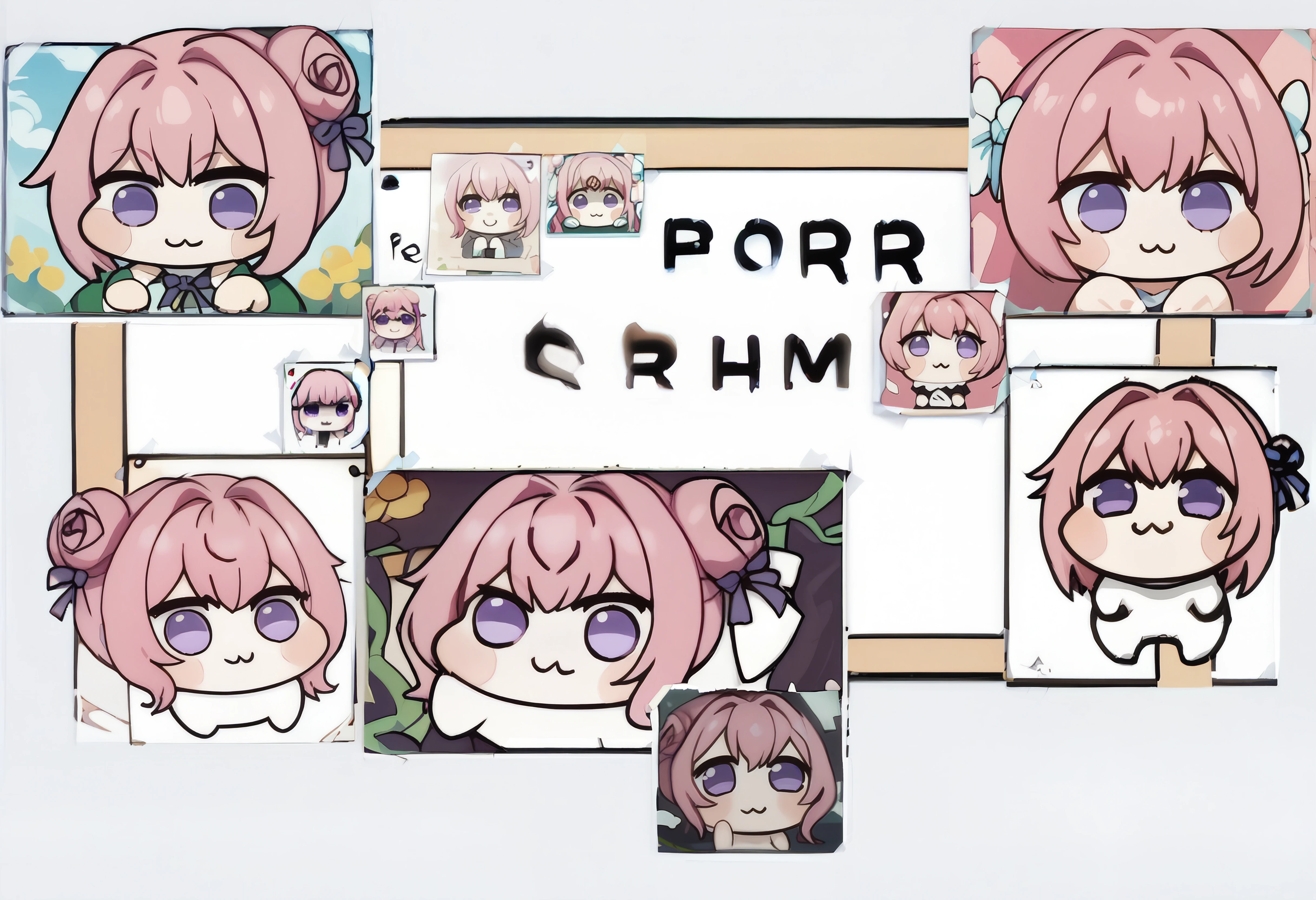 score_9, score_8_up, score_7_up, score_6_up BREAK photo (object), english text, multiple views, poster,difh,cropped,tape,doro,creature, :3, chibi,no humans, four legs, solid circle eyes, no pupils, white skin,pink hair, purple eyes, hair bun, hair bow<lora:DIFH:1.3> <lora:Doro_X_PDXL_V1:1.1>