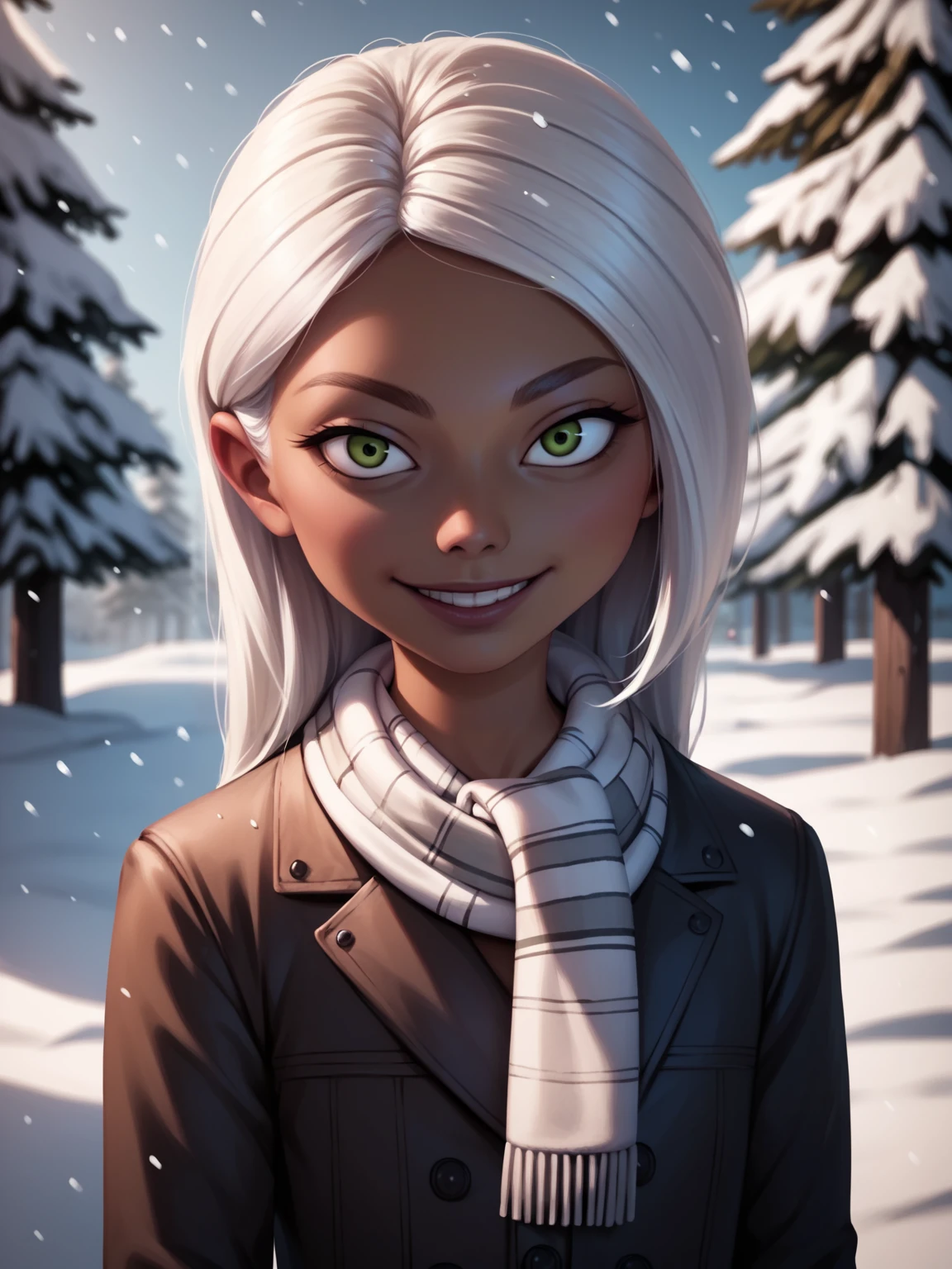 score_9, score_8_up, score_7_up, score_6_up, score_5_up, score_4_up, BREAK, realistic,
1girl, mirage, mirage standing outdoors in the snow during the winter,
white hair, long hair, green eyes, dark skin,
winter clothes, white scarf, coat,
seductive smile, looking at viewer, outdoors, snow, snowing, solo, tree, winter <lora:MirageXL:1>