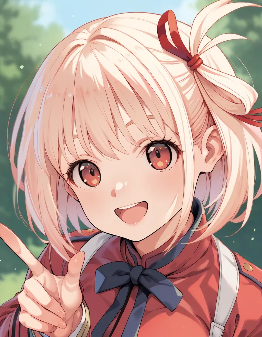 score_9, score_8_up, score_7_up, score_6_up,a girl pointing at self, smile, open mouth, (nishikigi chisato,:0.8) , hair ornament, red uniform, red eyes, neck ribbon,
<lora:kink_style_pony6_v2-000038:.8>