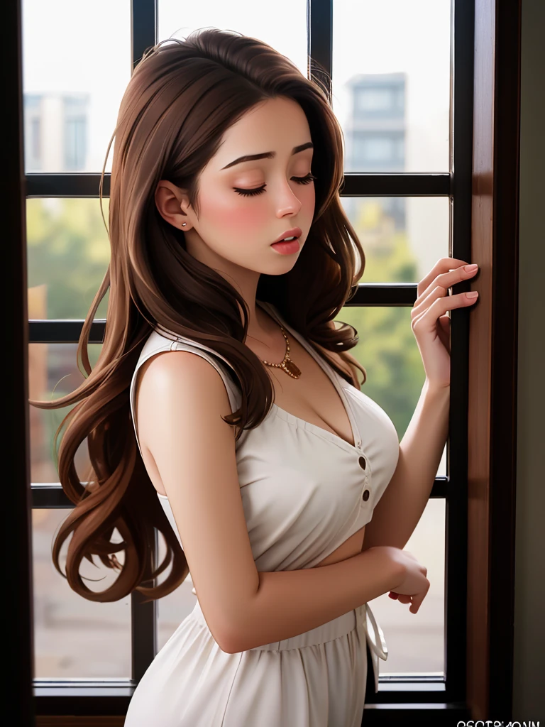 Realistic photo of a beautiful d4sh4m woman, 1girl, solo, long hair, breasts, brown hair, jewelry, closed eyes, window, realistic, fine art parody, professional Photography, Photorealistic, detailed, RAW, analog, sharp focus, high quality, film grain<lora:d4sh4m:1.0>