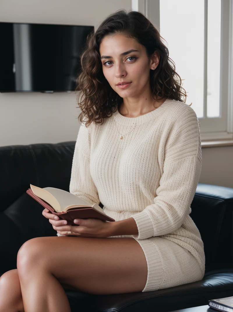 Analog photo, tv_Anya_Petterson_MXAI , wearing comfortable clothes, sitting on a couch, reading a book, shadows, relaxed, elegant,, (((Ultra-HD-details, Ultra-HD-detailed, Ultra-HD-realistic, Ultra-HD-photo-same-realistic-quality-details))), 8k uhd, dslr, soft lighting, high quality, film grain, Fujifilm XT3