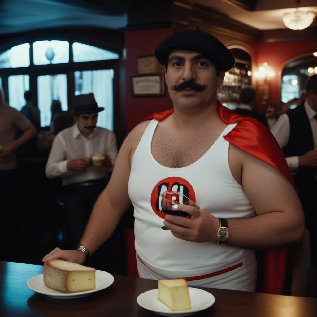 cinematic photo a man with a hat and a mustache wears a white costume with a cape, having red wine in a french pub, french cheese plate <lora:SuperDupont1024:0.8> . 35mm photograph, film, bokeh, professional, 4k, highly detailed