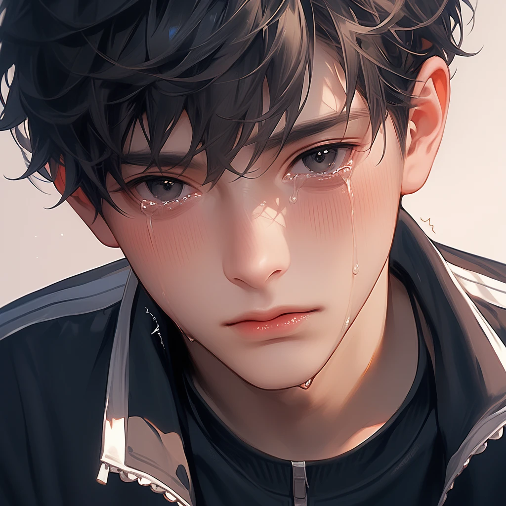 score_9,score_8_up,score_7_up,detailed face,<lora:hanman-000004:1>,1boy,black hair,bangs,track jacket,black jacket,black eyes,blush,crying with eyes open,white skin,looking at viewer,trembling,simple background,best quality,<lora:add-detail-xl:1>,