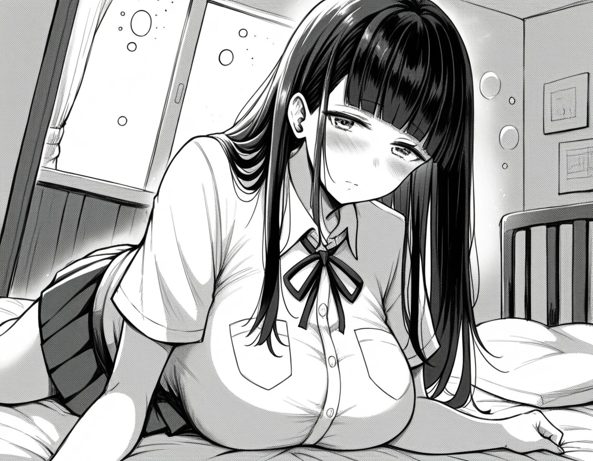score_9, score_8_up, score_7_up, source_anime,
aksichika, <lora:aks-ichika-manga-ponyxl-lora-nochekaiser:1>,
ichika, long hair, bangs, large breasts, monochrome, greyscale, blunt bangs,
skirt, shirt, ribbon, school uniform, pleated skirt, collared shirt, dress shirt, neck ribbon, shirt tucked in, breast pocket,
indoors, bed, bed room, on side, blush, drunk,
cowboy shot, looking at viewer, solo, dutch angle,