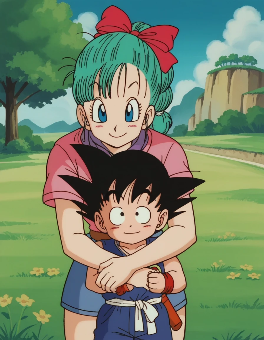 zPDXL, score_9, score_8_up, score_7_up, source_anime, 8k, absurdres, 1980s \(style\), retro artstyle, anime coloring, 
<lora:EarlyAkirav1-1:0.8> drgbls1, son goku, black hair, black eyes, bulma, blue hair, blue eyes, multiple characters, 1girl, 1boy, outdoors, smiling, happy, hugging, cute, adorable, blush, heart, outdoors, mountain, sky, cloud, grass, bush, tree, looking at viewer,