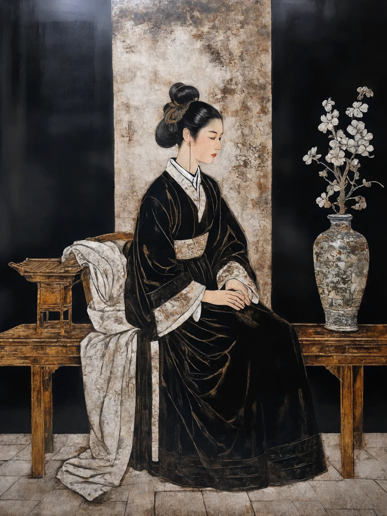 Lacquer painting landscapes,Heavy, textured, lacquered. Arts and Crafts, Extreme Detail, Texture, Best Quality, Masterpieces, Award-Winning Works, Official Art.Girl in dress sitting upright in the chair of the master with dark background.