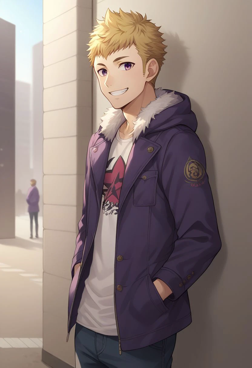 score_9, score_8_up, source_anime, highly detailed, 1boy, solo, male_focus
ryuji, 1boy, male focus, solo, blonde hair, hands in pockets,
jacket, violet jacket, pants, hood, fur trim, upper body, smile, 
outdoor, street, city, japan, against wall, full body,