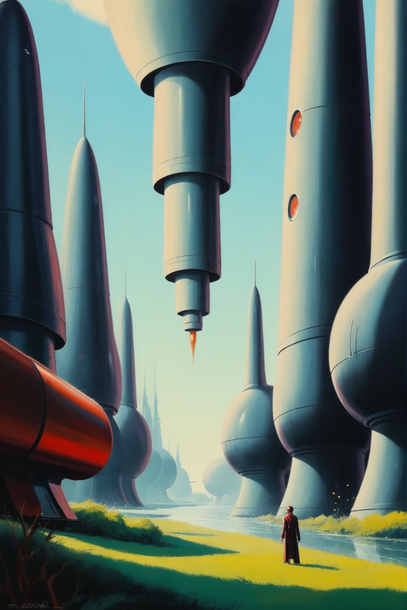 retro 1930s scifi painting, rough brush strokes, a pristine scifi topia at the end of time, masterpiece, by Allen Wei<lora:EnvyStarlightRetro03:1.25>