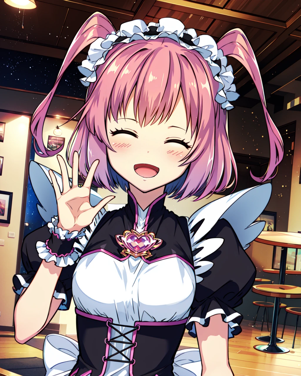 masterpiece, high quality, 1girl, mgrcmakinoikumi, medium shot, upper body, dynamic pose, eyes closed, pink hair, short twintails, maid hair ornament, pink brooch on chest, black with pink dress, white apron, black with pink corset, wave, indoors, cafe, mouth open, detailed hands, (smiling:0.9), <lora:mgrcmakinoikumi-05:0.7>