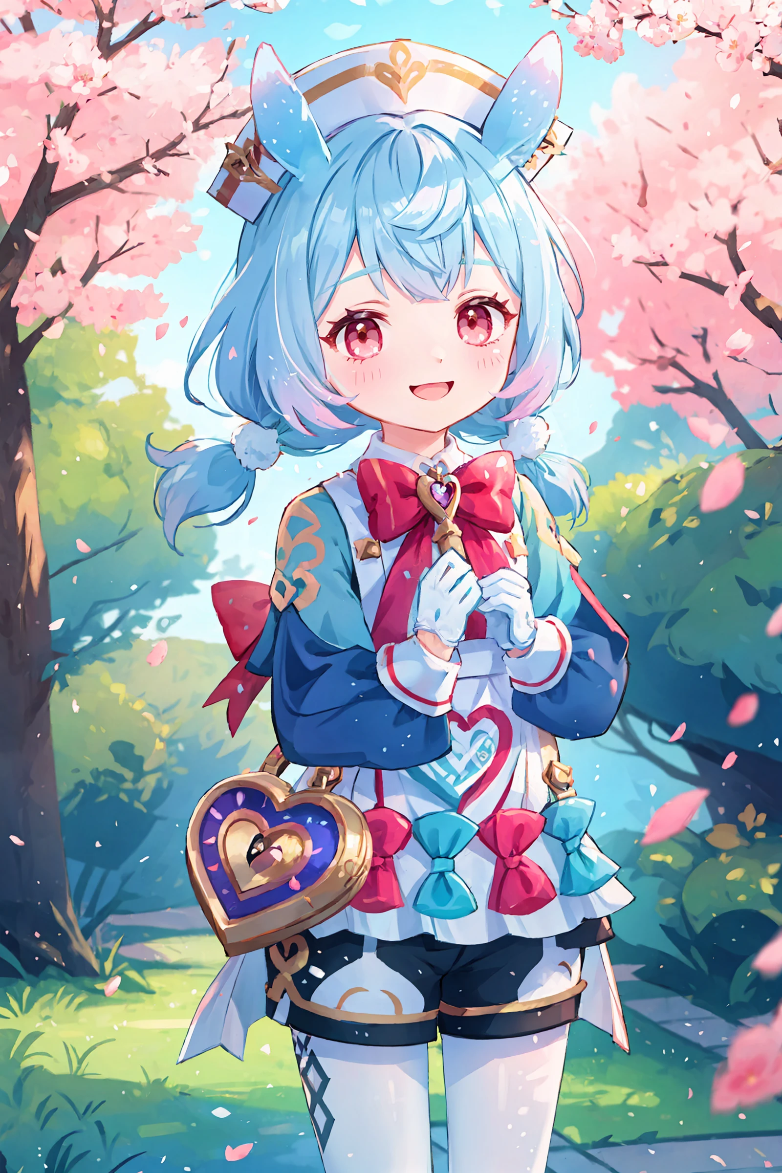 1girl, sigewinne \(genshin impact\), solo,  low twintails, animal ears, white gloves, red bowtie, nurse cap, aqua dress, white apron, heart-shaped bag, black shorts, white pantyhose, standing, cowboy shot, light smile, looking at viewer, outdoors, street, cherry blossoms, petals, depth of field