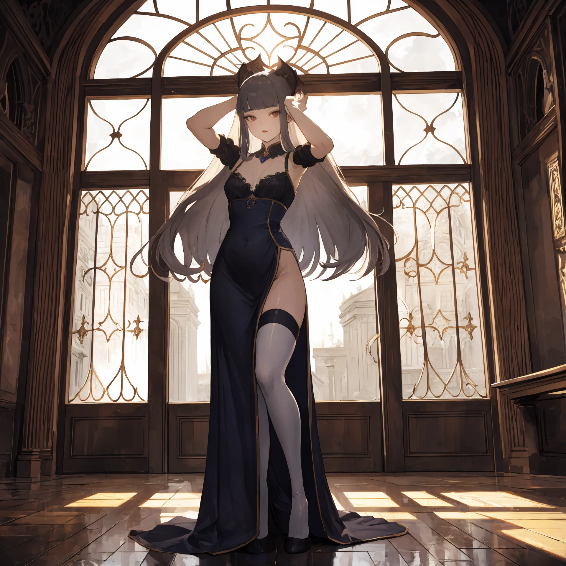 aio,flat chest, stout, (pale skin:1.0), very long hair, blunt bangs, tub dress, <lora:seeThroughSilhouette_v10:0.9:TT>((see-through:0.7)_silhouette:1.2), fantasy outfit, no-show panties, thighhighs[::1][::1], animal ears, indoors, greenhouse[::1], standing[::3], Aron Wiesenfeld, chromatic aberration, best quality,
brick renaissance castle, granite turrets, sphinx, gargoyle, vampire, a mysterious, foggy marsh, Johannes Vermeer background,
<lora:tsurime:1:TT>,tsurime, looking at another, very open lips, arms up, full body, 
<lora:bg_blur:-0.5>,
((masterpiece, best quality)), high resolution, very detailed, absurdres, highres, detailed lighting, detailed shadows, ((detailed background, intricate detail, scenery)), detailed face