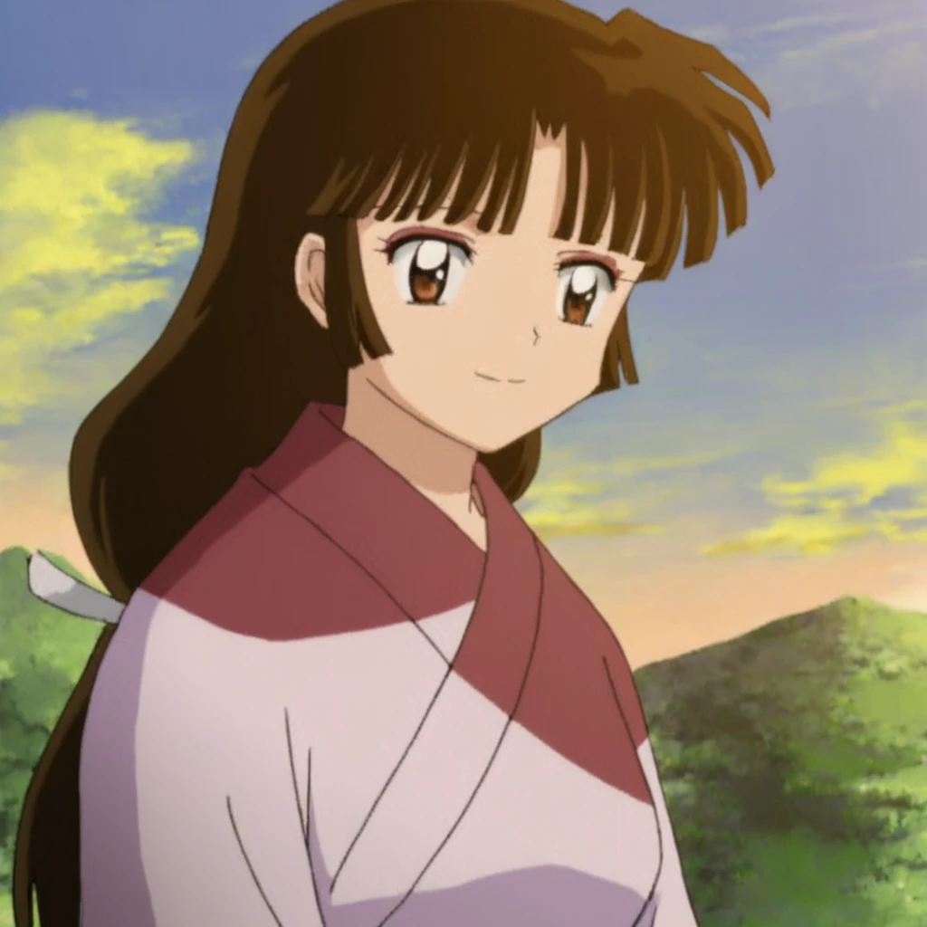 <lora:SangoV2:1> Sango, 1girl, solo, closed mouth, smile, blushing, brown eyes, brown hair, black hair, long hair, low-tied long hair, makeup, bangs, japanese clothes, kimono, green skirt, skirt, standing, close up, outdoors, sky, looking at viewer, anime coloring, retro artstyle, 1990s (style)