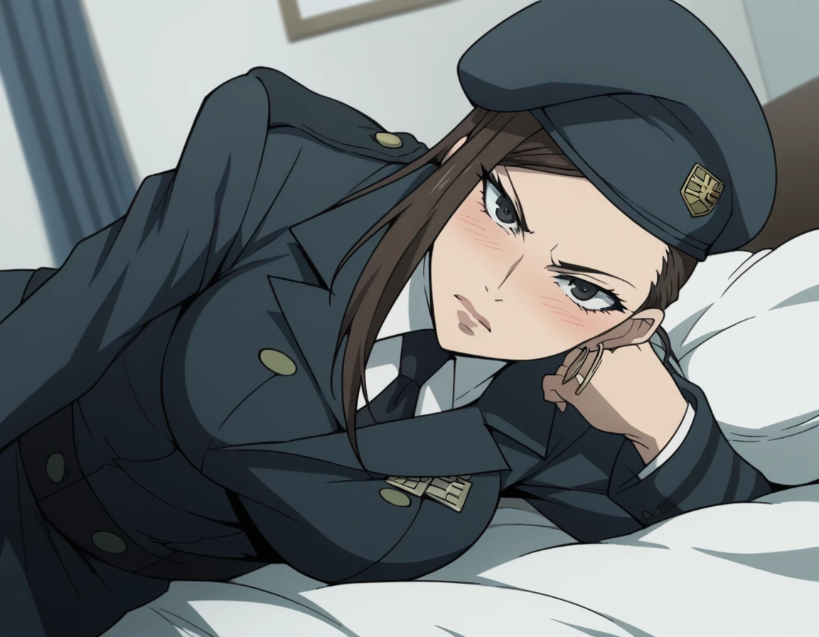 score_9, score_8_up, score_7_up, source_anime,
kiwakomakinaflugel, <lora:kiwako-makina-flugel-s1-ponyxl-lora-nochekaiser:1>,
kiwako makina flugel, large breasts, brown hair, black eyes,
hat, jewelry, earrings, necktie, uniform, military, military uniform, beret,
indoors, bed, bed room, on side, blush, drunk,
cowboy shot, looking at viewer, solo, dutch angle,